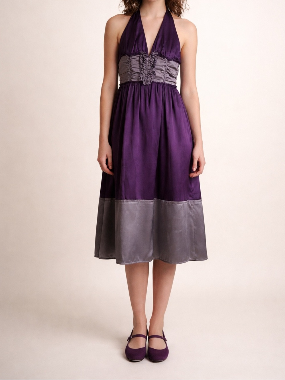 Y2K SILK To The Max Deep Purple Halter Dress Size 4